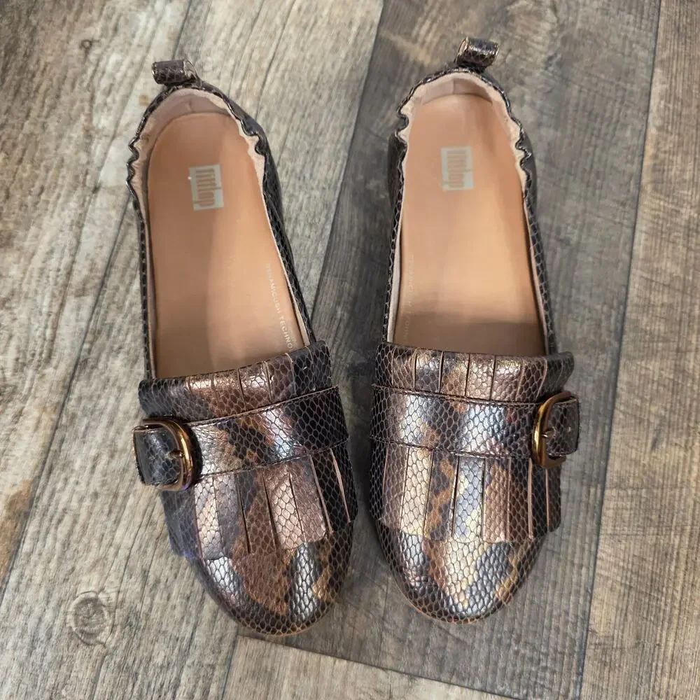 FitFlop Allegro Bronze Snakeskin Leather Kiltie Loafers Buckle Womens Size 8 1/2